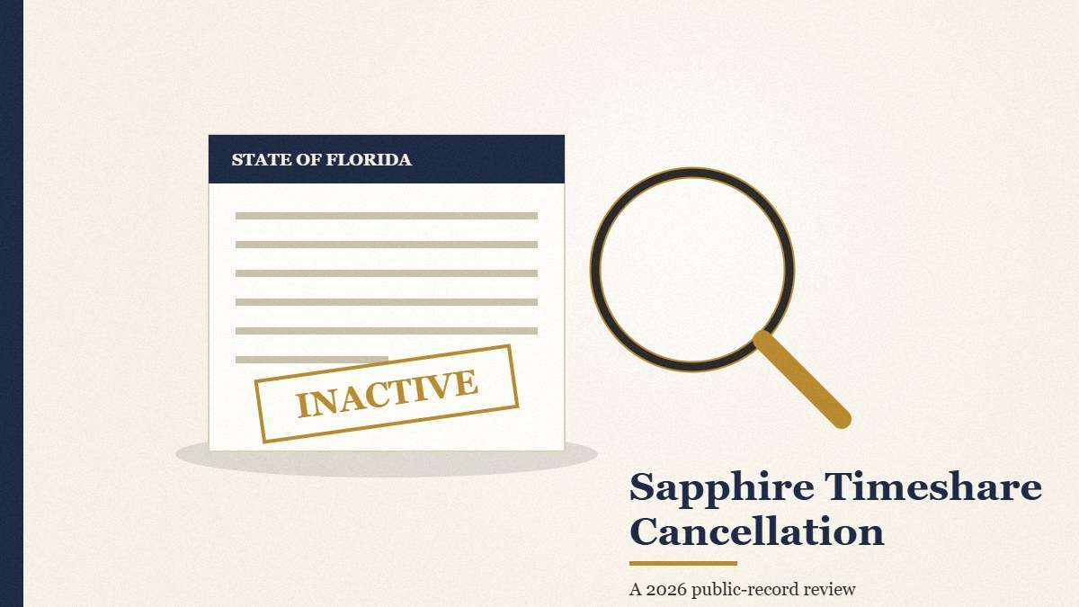 Sapphire Timeshare Cancellation review 2026 - public-record analysis of BBB complaints, Florida dissolution, lawsuits, corporate records, and cross-platform ratings