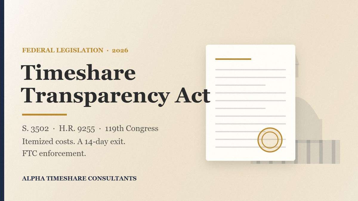Timeshare Transparency Act 2026 analysis: the federal timeshare disclosure bill, its 14-day cancellation window, and FTC enforcement